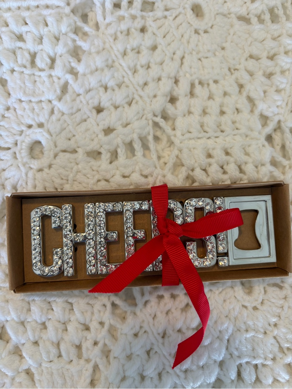 CHEERS Crystal Bottle Opener with Red Ribbon - Party Accessory